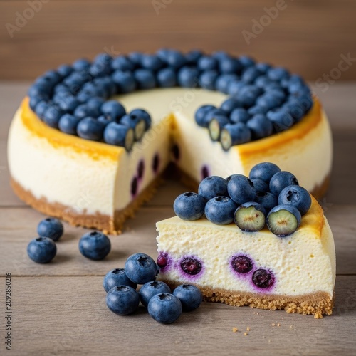Fresh Blueberry Cheesecake Slice on Wooden Table.
