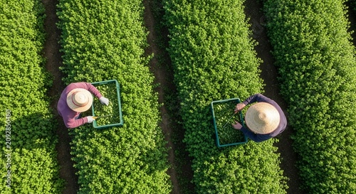 Two farmers in conical hats harvest fresh oregano from lush green fields from an aerial perspective