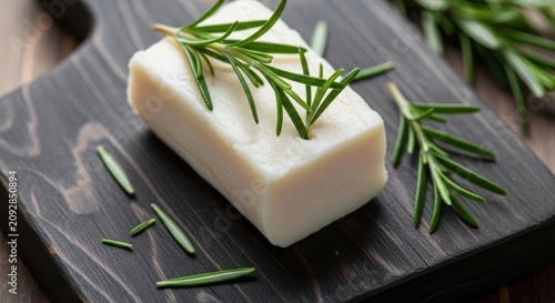 Fresh Rosemary Sprig with Natural Soap on Dark Stone.