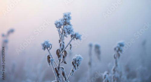 Frost covered wildflowers in a misty winter field.