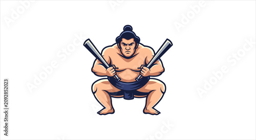 Fotografie Sumo wrestler in traditional mawashi holding wooden sticks.