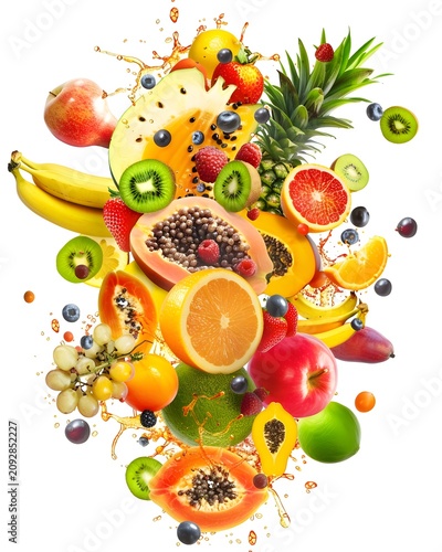 tropical fruit mix splash dynamic isolated on white background