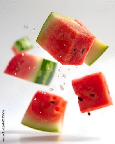watermelon cubes floating isolated on white background