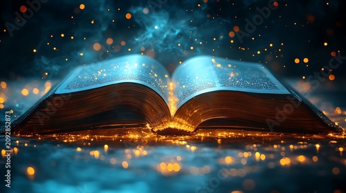 Open book with glowing particles