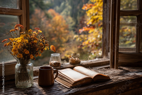 autumn forest view from a cozy cabin window	
