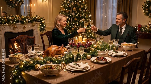 Couple celebrating dinner with festive decor and roasted bird
