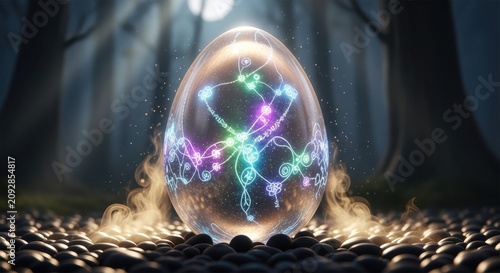 Mystical glowing crystal ball with magical energy inside forest.