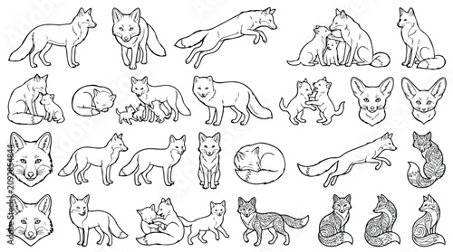 Tableau sur toile Minimalist fox line art collection, 25 wild animal vector icons, hand drawn fox