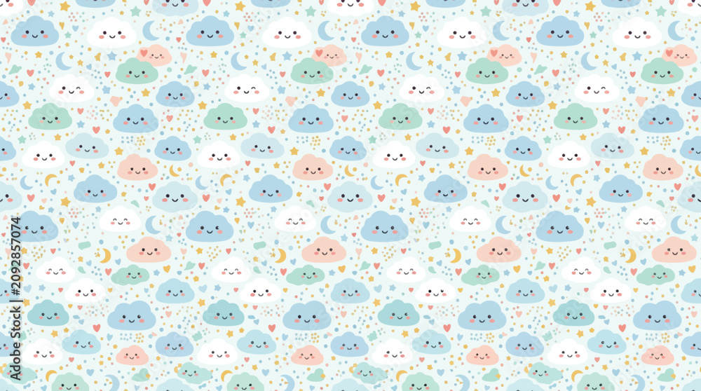 Obraz premium Cute Kawaii Clouds Pattern, Baby Pastel Sky, Stars & Moon Seamless Background