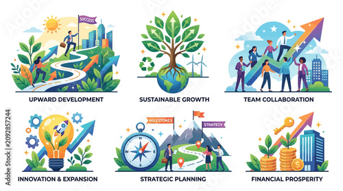 Business professionals collaborate on sustainable growth and financial prosperity through strategic planning and innovation.