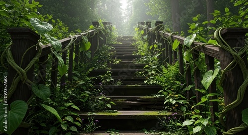 Mystical Stone Staircase in Lush Green Forest.