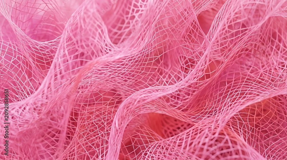 Fototapeta premium Abstract Background of Vibrant Pink Mesh Netting with Elegant Wavy Folds and Soft Texture Macro Shot