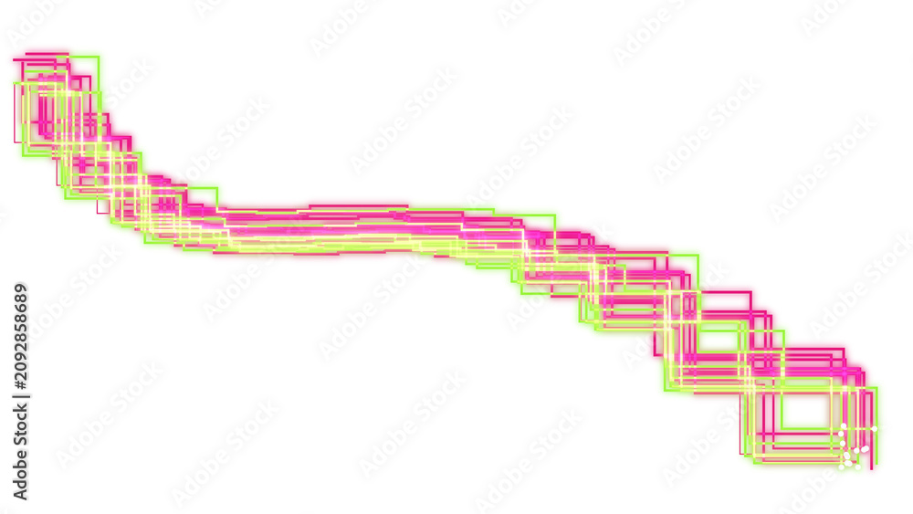 Obraz premium PNG image of Abstract geometric wave of neon pink and lime green squares, digital glitch art pattern, vibrant tech aesthetic design element isolated on Transparent Background