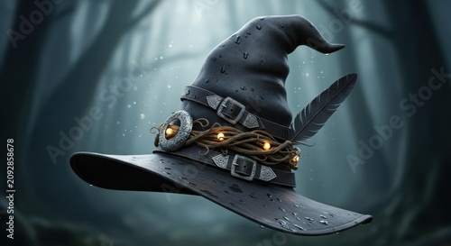 Mystical Witch Hat in Enchanted Dark Forest Scene.