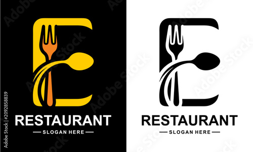 Letter E Bistro Restaurant Logo Vector Design with Cutlery Concept