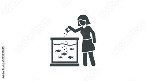 Bild auf Leinwand Woman Feeding Aquarium Fish Tank.
