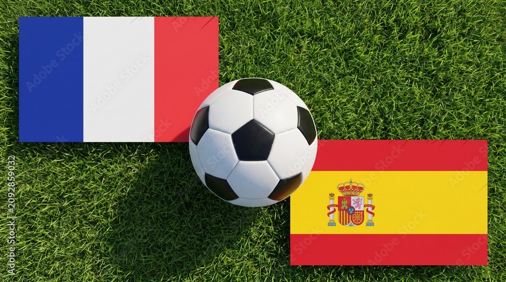 Obraz premium France and Spain Flags with Soccer Ball on Green Grass Concept