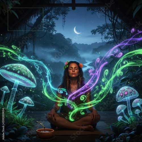 Mystical woman meditating in glowing forest with magic mushrooms.
