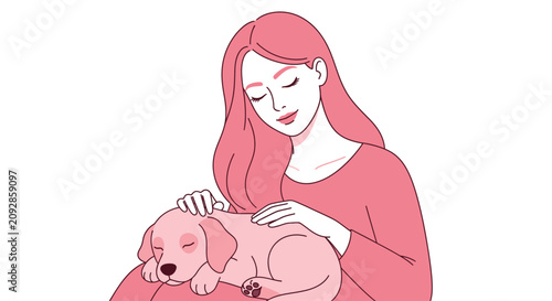 Tableau sur toile Young woman gently caresses a pink sleeping puppy