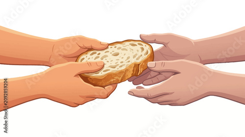 Hands sharing a slice of fresh bread