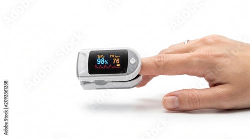 A portable digital device on a human finger accurately measuring blood oxygen saturation and pulse rate, essential for personal health monitoring and wellness insight