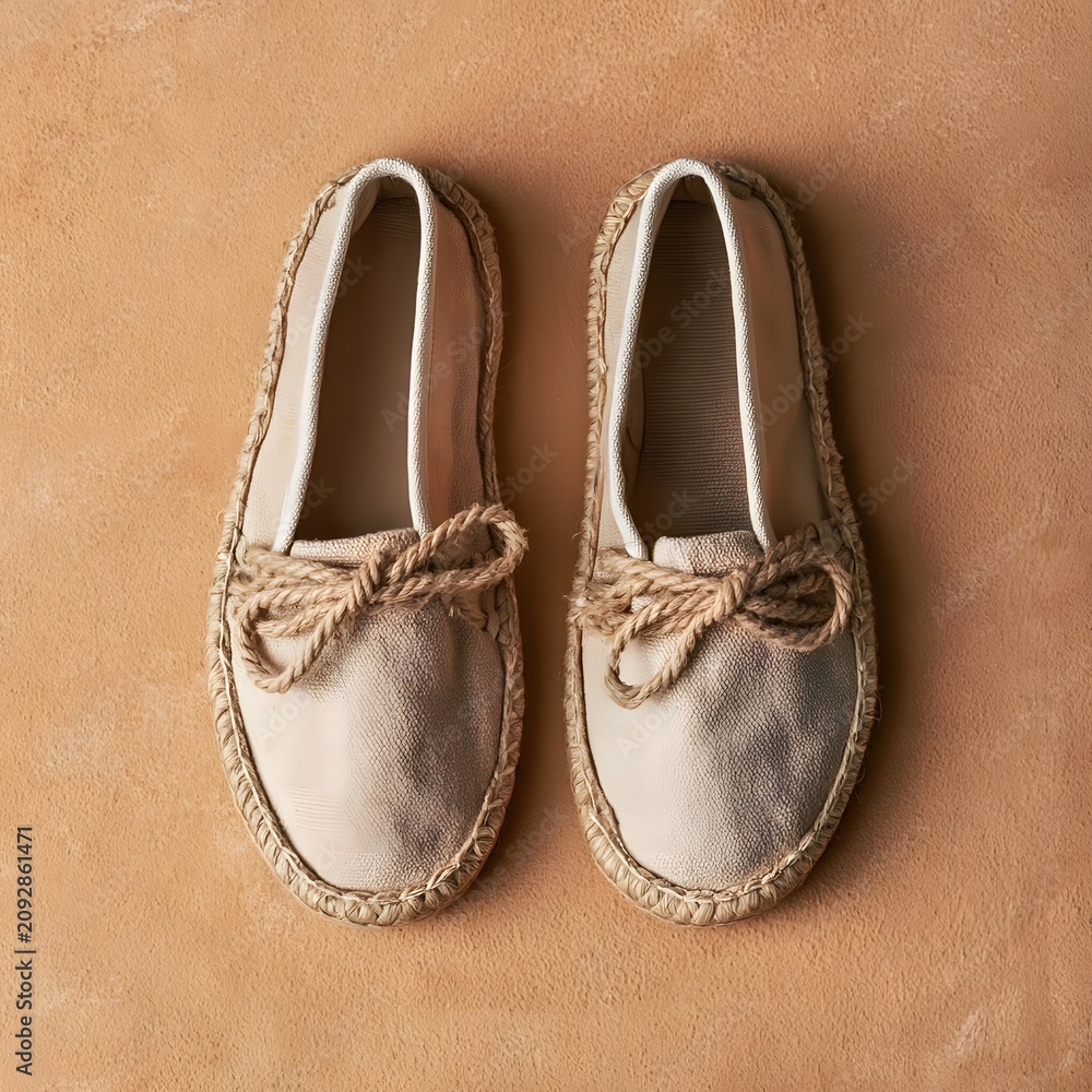Fototapeta premium Canvas Espadrille Shoes Flat Lay on Sandy Tan Background