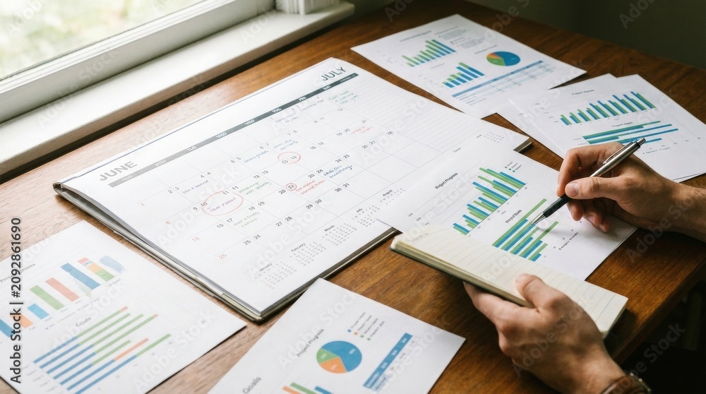 Obraz premium Business Analysis and Planning: A person's hands are seen at a desk, reviewing financial charts, graphs, and a calendar, indicating a focus on business planning and analysis.