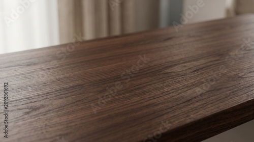 Ultra realistic dark walnut wooden tabletop with elegant wood grain, luxury copy space background for premium products, branding, advertising, mockup, cosmetic, jewelry, and watch display.