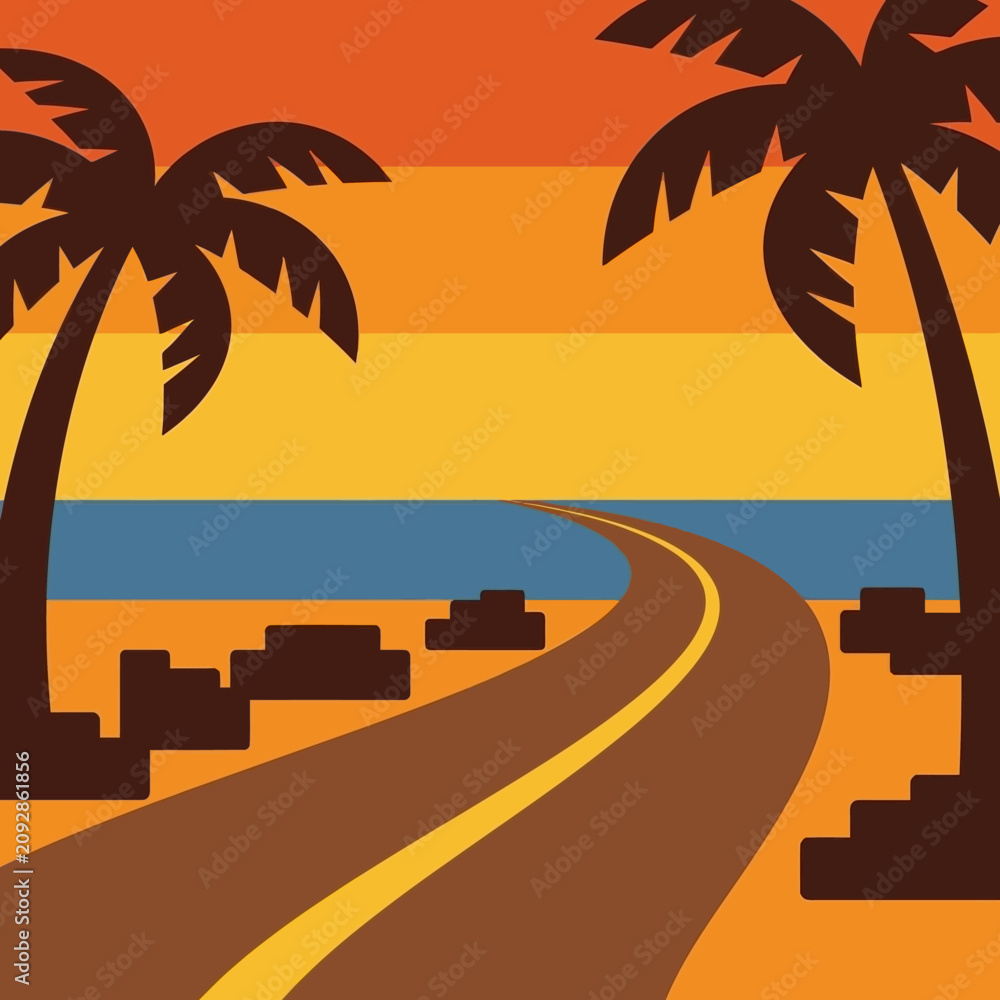 Obraz premium A scenic road leads to the ocean under a warm sunset sky with palm trees
