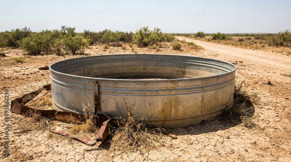 Fototapeta premium Old Water Tank in Arid Landscape: A weathered, circular metal water tank stands in a dry, cracked earth landscape, surrounded by sparse vegetation and a dirt road stretching into the distance.