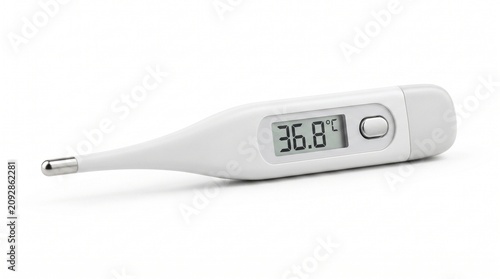 Medical digital clinical thermometer for measuring body temperature showing normal thirty-six point eight degrees celsius on white background
