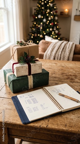Christmas Gift Budgeting and Planning with Presents and Notebook on Wooden Table