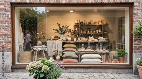 Cozy Home Goods Store Window Display with Pillows Vases and Plants