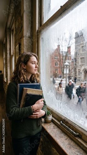 Young woman holding books and looking out a window on a cold day at a university campus