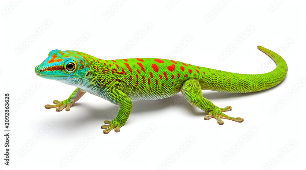 Fototapeta premium Vibrant ornate day gecko lizard isolated on white background