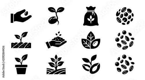 Black icons of plants and seeds.
