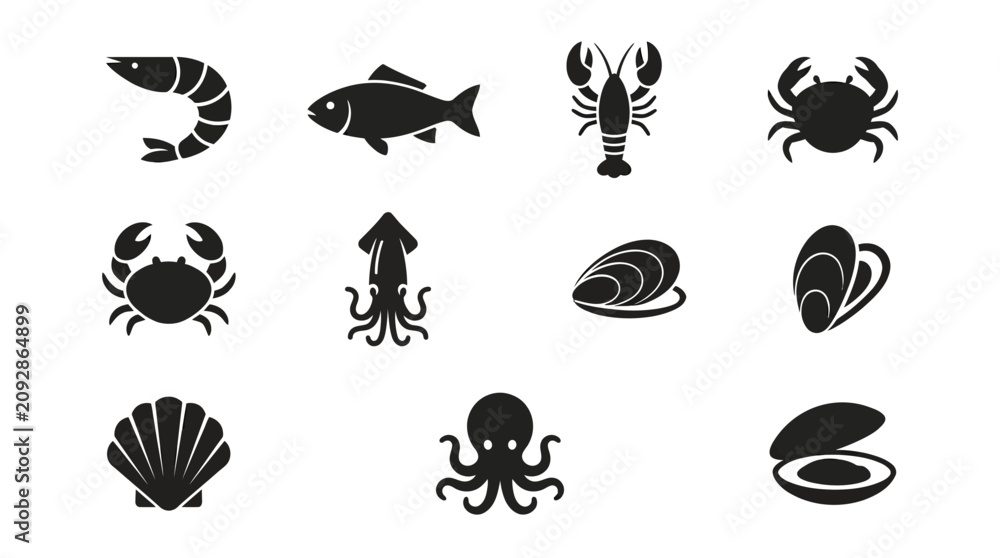 Obraz premium Black silhouettes of sea creatures icons.