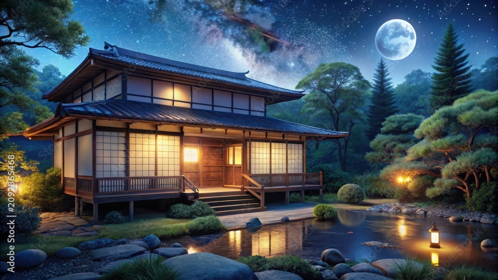 Obraz premium A serene japanese house stands majestically under starry night sky with glowing lanterns on veranda and silhouetted trees against moonlit canvas