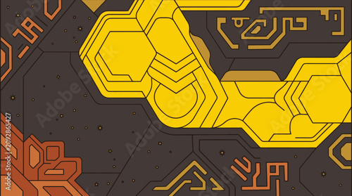 Abstrakter Hintergrund mit geometrischen Mustern in Gelb, Orange und Dunkelgrau, inspiriert von technologischen Schaltkreisen und futuristischen hexagonalen Strukturen.