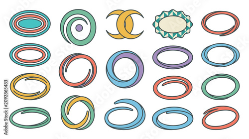 Eine Sammlung von verschiedenen abstrakten geometrischen Formen, Kreisen, Ellipsen und dekorativen Symbolen in bunten Pastellfarben auf weißem Hintergrund für Grafikdesign-Projekte.