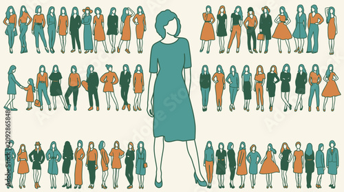 Illustration vectorielle d'un grand groupe de femmes diverses représentées dans un style graphique minimaliste avec des tons orange et bleu sarcelle sur fond clair.