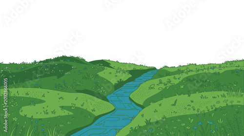 Ilustración vectorial de un paisaje natural con colinas verdes onduladas y un río azul serpenteante que fluye a través de un prado exuberante con espacio para texto en la parte superior.