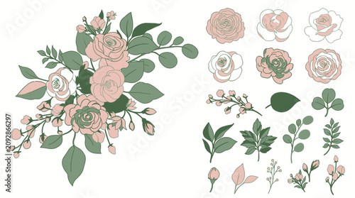 Conjunto de ilustrações vetoriais com buquê de rosas em tons pastéis e elementos botânicos individuais de folhas e botões de flores para design decorativo elegante e romântico