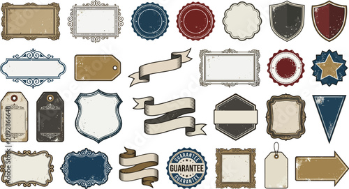 Collection of vintage decorative frames banners badges and rustic shields with grunge texture perfect for classic design branding projects.