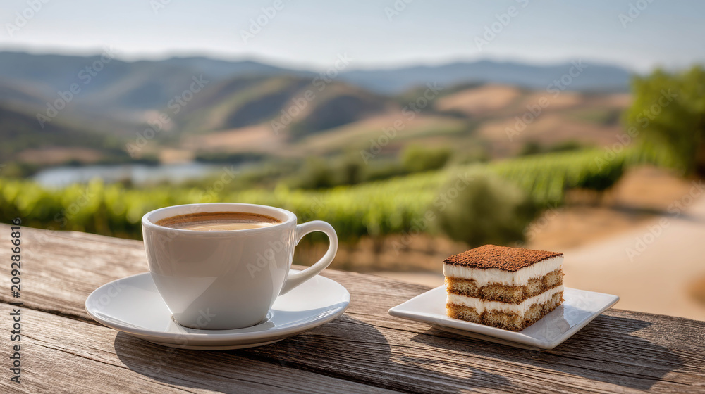 Obraz premium A delicious tiramisu and a steaming cup of coffee are set against a picturesque backdrop of rolling hills and vineyards, creating a perfect moment of relaxation and indulgence