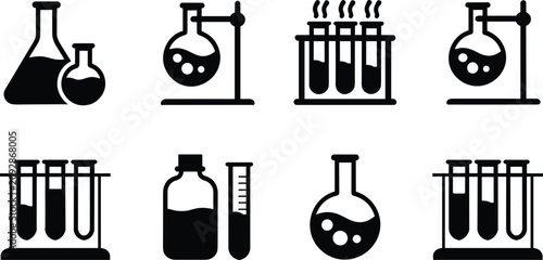 Bild auf Leinwand Chemistry science laboratory glassware icon set featuring beaker flask test tube