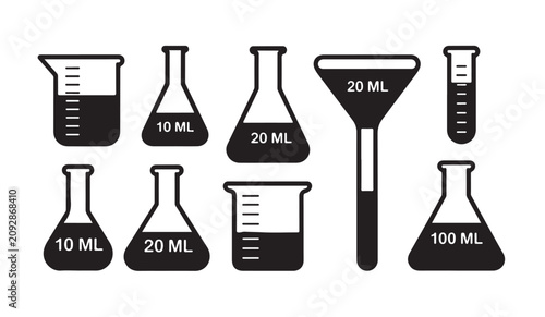 Set of laboratory glass icons. volumetric flask, beaker, funnel and test tube with liquid.