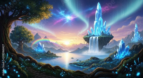 Mystical Crystal Waterfall in Enchanted Fantasy Landscape.