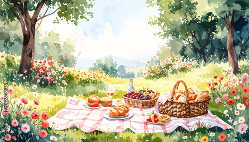 Beautiful watercolor painting of a summer picnic scene.