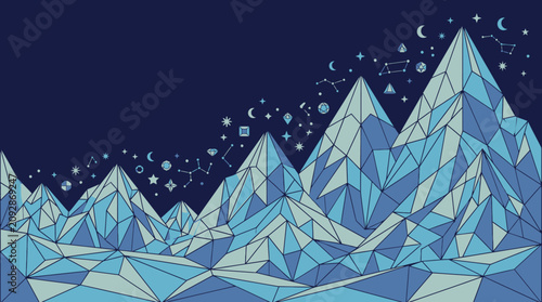 Abstrakte Berglandschaft im Low-Poly-Stil mit geometrischen Formen und einem nächtlichen Sternenhimmel voller Sternbilder und Mondphasen in Blautönen.